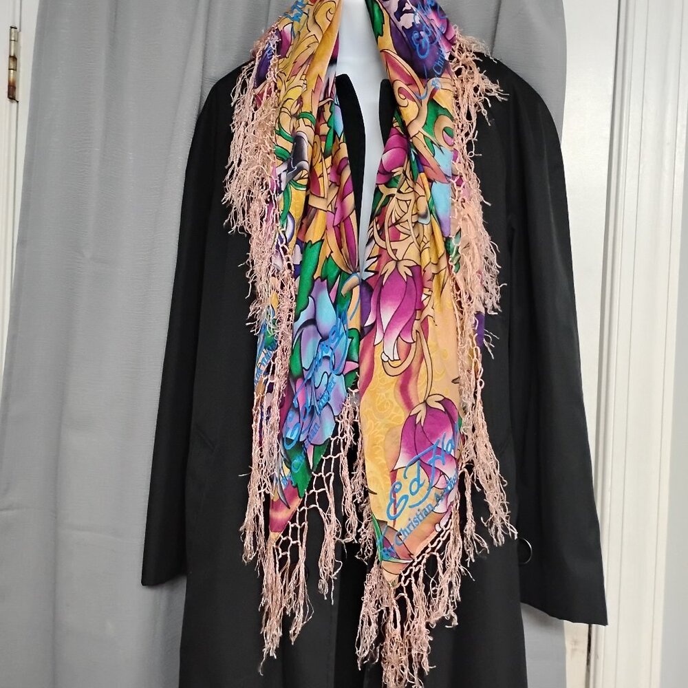 ❤️ED HARDY CHRISTIAN AUDIGIER True Love Silk Fringe Piano Shawl Scarf